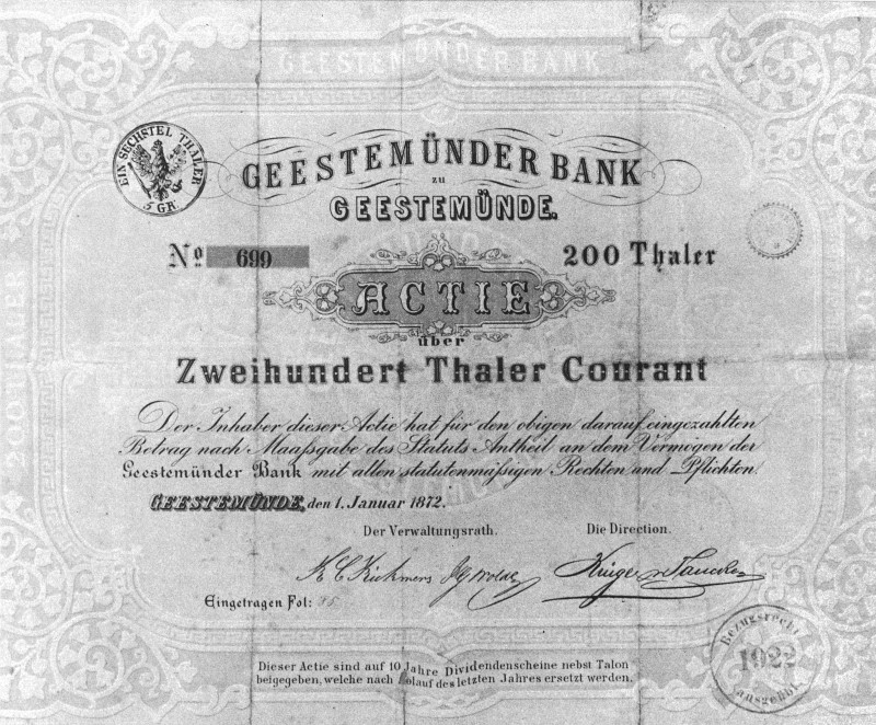 Aktie der Geestemünder Bank AG von 1872